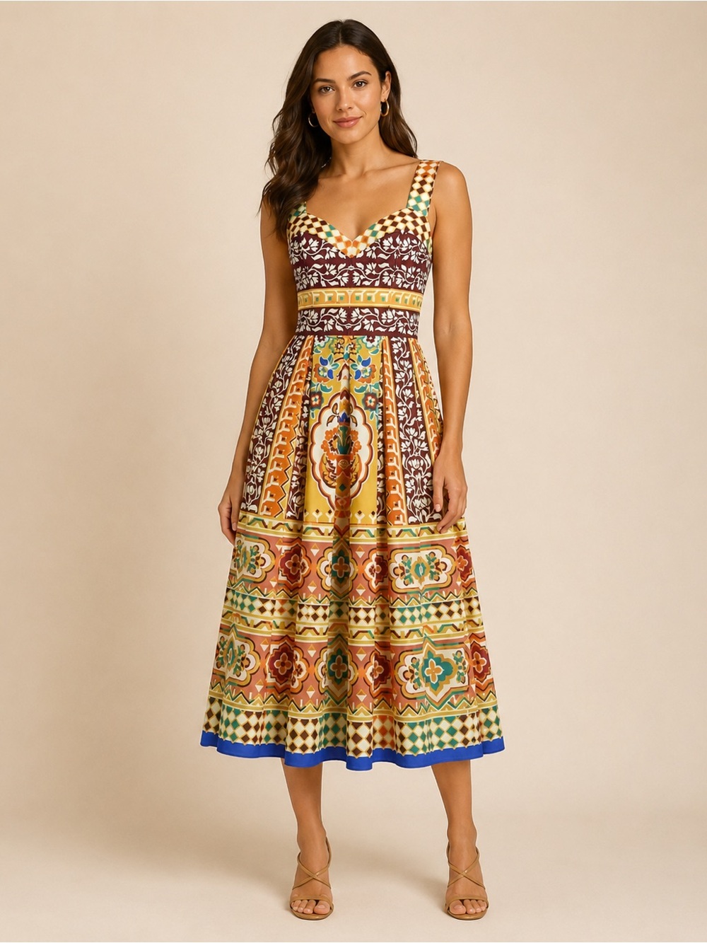 Etro Patterned Yellow and Multicolor Tile-Print Midi Dress